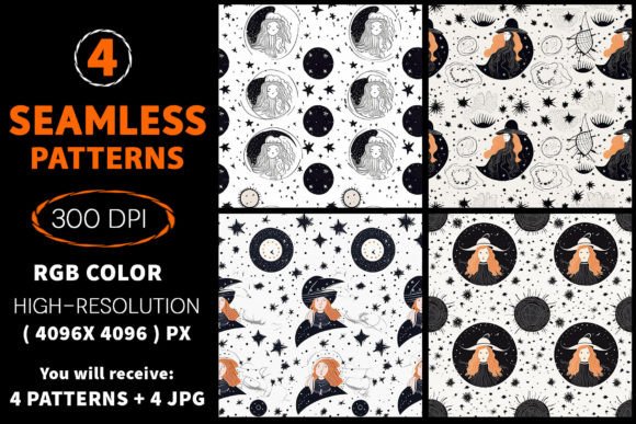 Mystical Girl Stars Seamless Patterns
